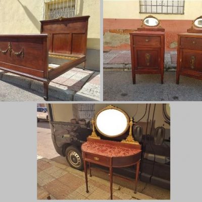 Cama antigua + 2 mesillas noche antiguas + tocador antiguo estilo inglés.