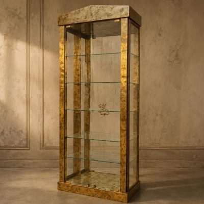 Vitrina antigua vintage estilo Art Decó 1970. Mueble Vitrina expositora de diseño metálica latón.