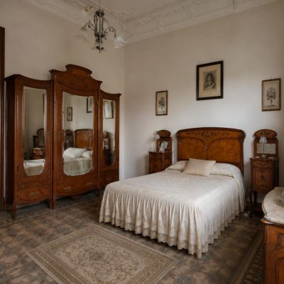 Dormitorio antiguo completo estilo Art Nouveau, estilo Modernista. Armario + Cabecero + mesillas + Cómoda.