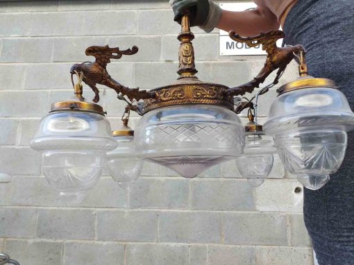 Lámpara antigua estilo Modernista cristal tallado. Lámpara de techo antigua, Lámpara de araña. - Imagen 2