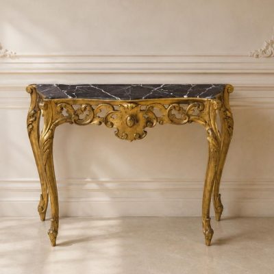 Consola antigua estilo Luis XV pan de oro. Mueble Consola antigua vintage dorada estilo isabelino.