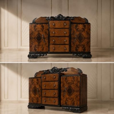Aparador antiguo estilo Art Decó. Mueble de salón auxiliar antiguo estilo Modernista.