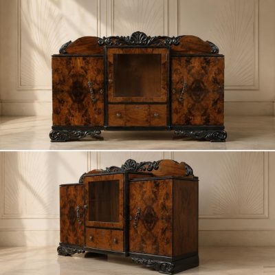 Aparador antiguo estilo Art Decó. Mueble de salón auxiliar antiguo con vitrina estilo Modernista.