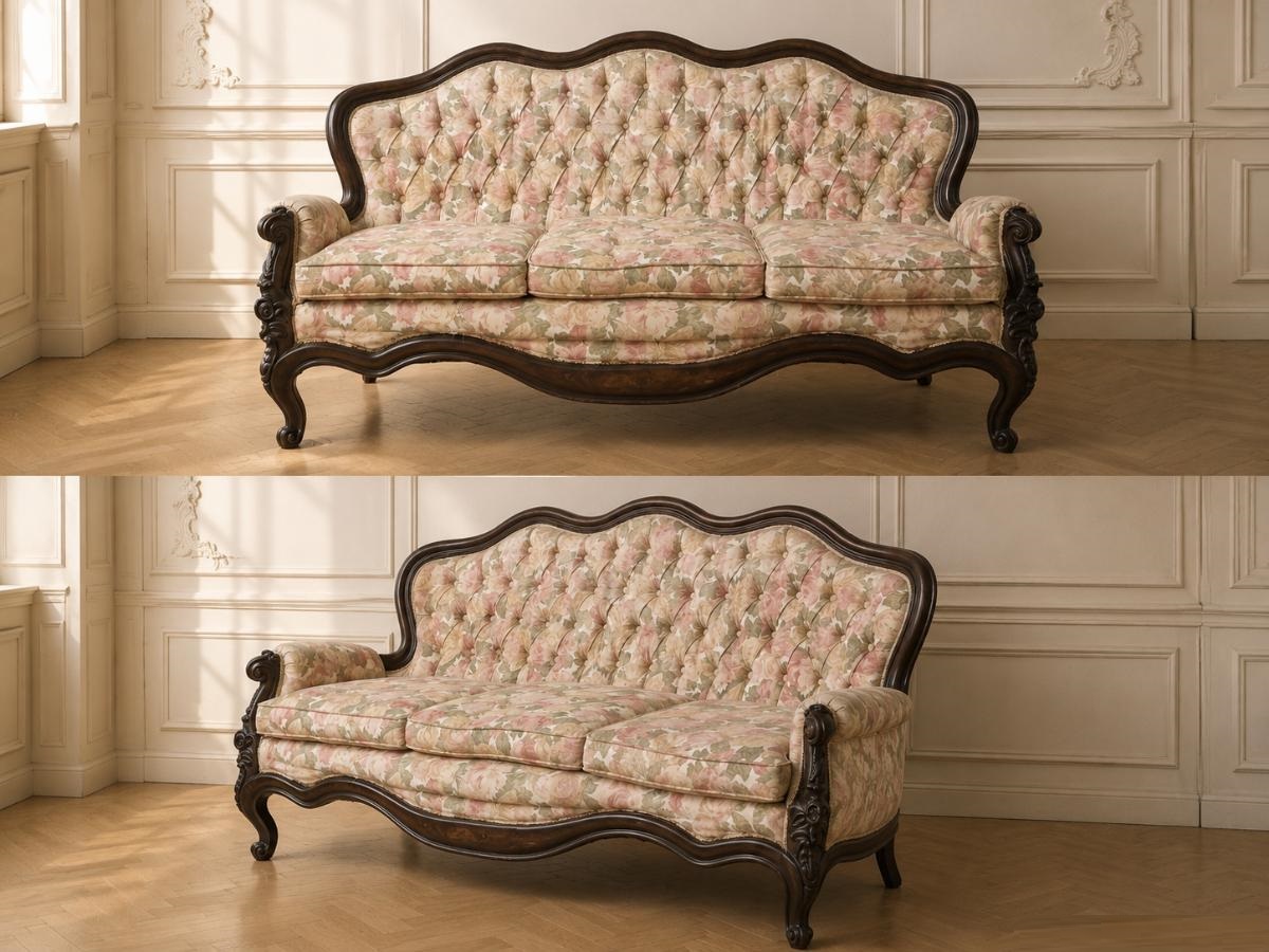 Sofá antiguo estilo Luis XV capitoné. Gran Sofá antiguo estilo Isabelino. Tresillo antiguo.