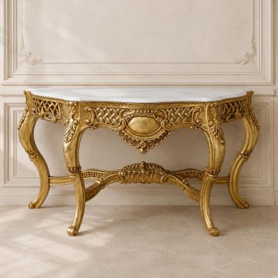 Consola antigua estilo Luis XV (142 cm). Mueble Consola antigua dorada pan de oro Barroco Isabelino.