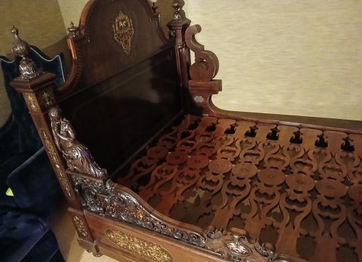Cama antigua tallada estilo Napoleón III marquetería latón carey. Cama antigua barco estilo Imperio. - Imagen 15