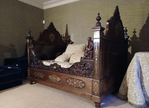 Cama antigua tallada estilo Napoleón III marquetería latón carey. Cama antigua barco estilo Imperio. - Imagen 6
