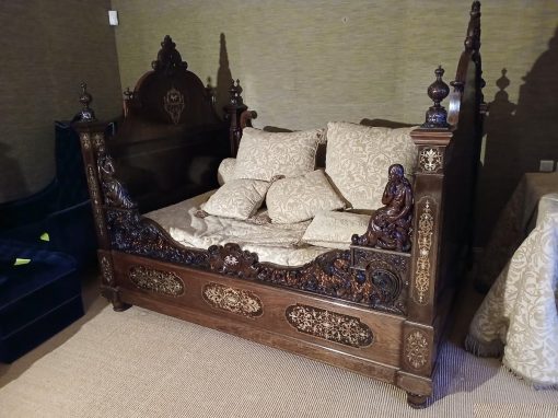 Cama antigua tallada estilo Napoleón III marquetería latón carey. Cama antigua barco estilo Imperio. - Imagen 8