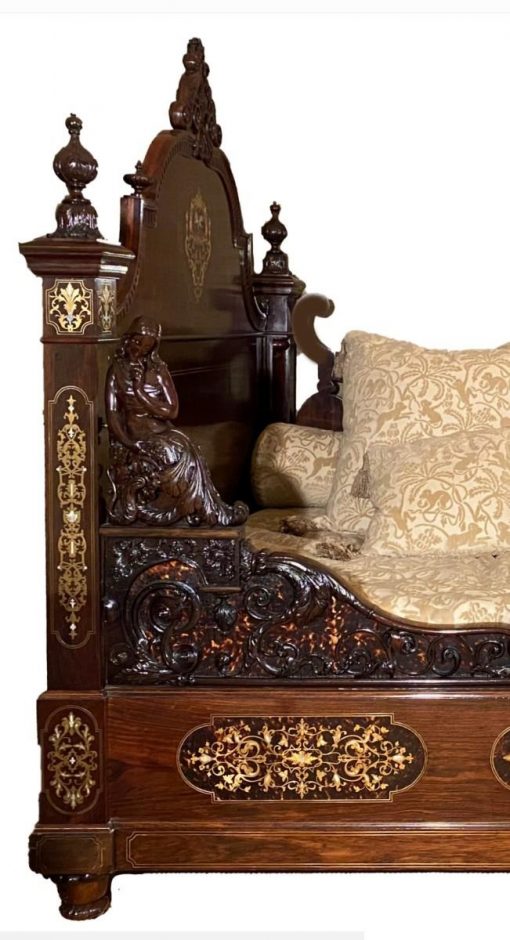 Cama antigua tallada estilo Napoleón III marquetería latón carey. Cama antigua barco estilo Imperio. - Imagen 2