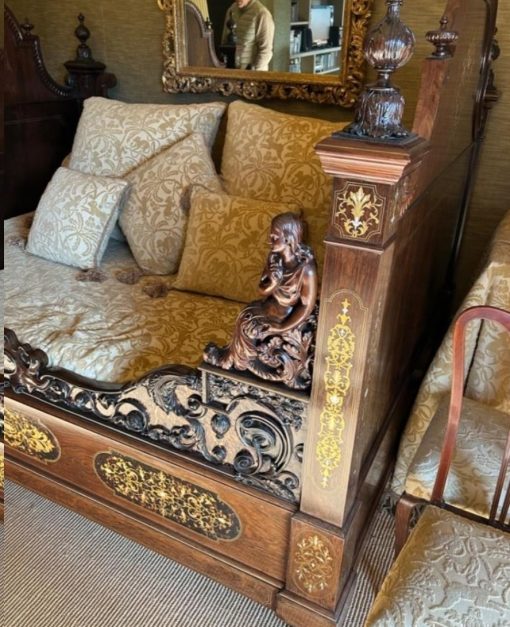 Cama antigua tallada estilo Napoleón III marquetería latón carey. Cama antigua barco estilo Imperio. - Imagen 5