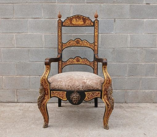 Sillón antiguo boullé estilo Napoleón III (s.XIX). Butaca Silla antigua Marquetería bronce Francés. - Imagen 2