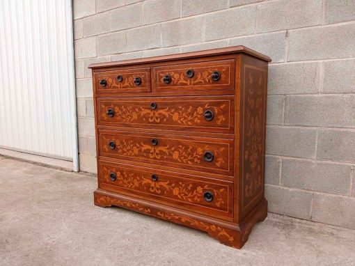Cómoda antigua Holandesa marquetería floral. Mueble Cajonera Cómoda Holandés Isabelino Luis XV.