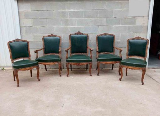 Conjunto 5 Sillas antiguas estilo Luis XV despacho cuero verde. Sillón antiguo, Silla antigua.