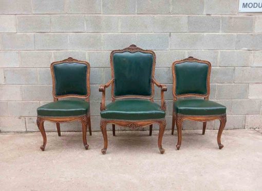 Conjunto 5 Sillas antiguas estilo Luis XV despacho cuero verde. Sillón antiguo, Silla antigua. - Imagen 3