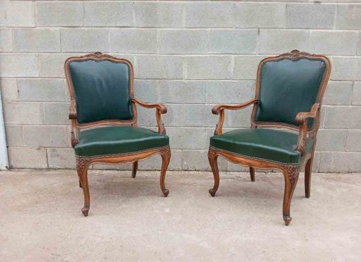 Conjunto Sillones antiguos estilo Luis XV despacho cuero verde. Pareja Sillón antiguo Silla antigua. - Imagen 5