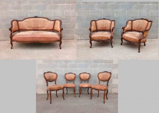 Tresillo antiguo estilo Luis XV. Sofá antiguo + 2 Sillones antiguos + 4 Sillas antiguas Isabelino Barroco.