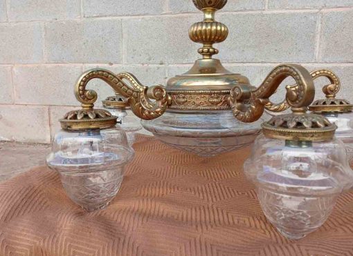 Lámpara bronce antigua estilo Modernista. Lámpara techo araña antigua cristal tallado. - Imagen 2