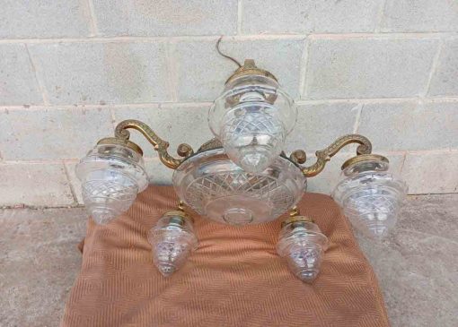 Lámpara bronce antigua estilo Modernista. Lámpara techo araña antigua cristal tallado. - Imagen 4