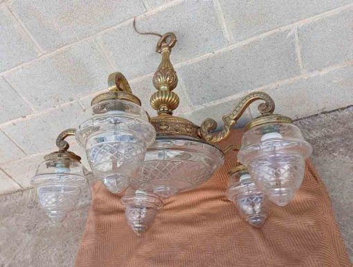 Lámpara bronce antigua estilo Modernista. Lámpara techo araña antigua cristal tallado. - Imagen 3
