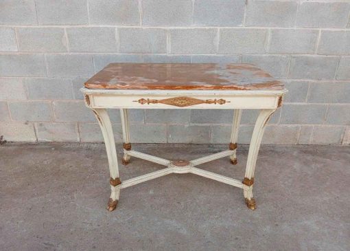 Mesa salón antigua estilo Luis XVI (105 cm). Mueble Mesa Auxiliar Consola policromada Regency.