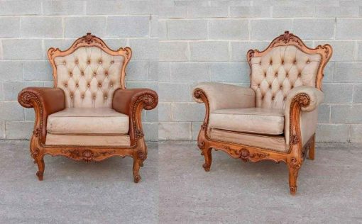 2 Dos Sillones antiguos estilo Luis XV cuero capitoné. Sillón antiguo Butacas estilo Barroco Rococó.