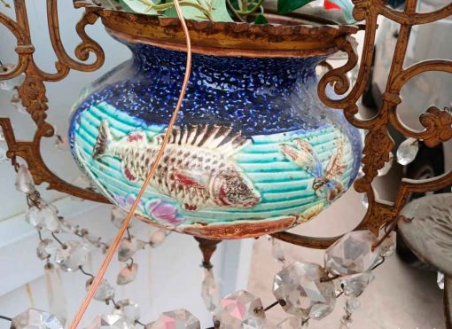 Lámpara antigua estilo Art Nouveau original 1900 Francia. Lámpara porcelana techo araña Modernista. - Imagen 3