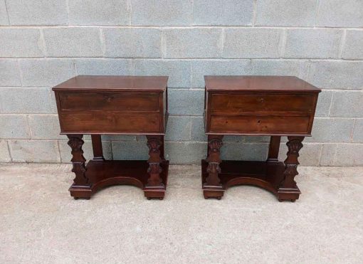 2 Dos Mesitas Mesillas de noche dormitorio antiguas estilo Fernandino. Mesa Mesita inglés Victoriano. - Imagen 3