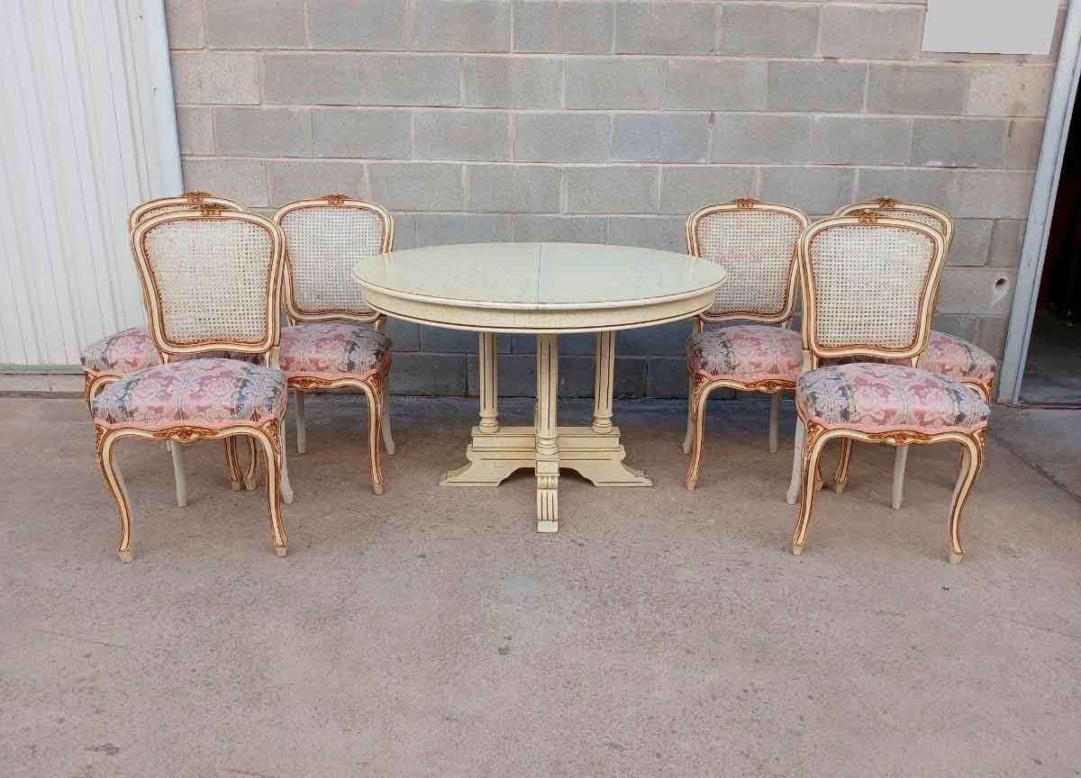 Mesa salón comedor antigua vintage estilo Luis XVI + 6 Seis Sillas antiguas estilo Luis XV francés.