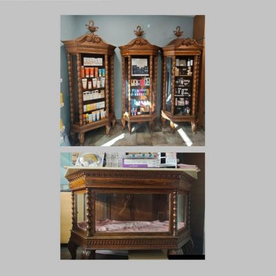 Conjunto Muebles antiguos Farmacia Botica. Mostrador antiguo + 3 Vitrinas antiguas inglés Victoriano.