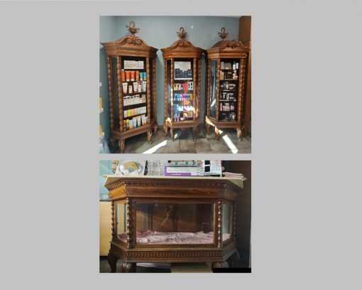 Conjunto Muebles antiguos Farmacia Botica. Mostrador antiguo + 3 Vitrinas antiguas inglés Victoriano.