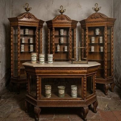 Conjunto Muebles antiguos Farmacia Botica. Mostrador antiguo + 3 Vitrinas antiguas inglés Victoriano.