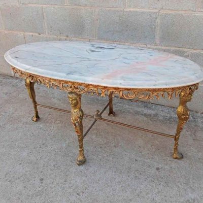 Mesa baja ovalada antigua bronce Cariátides. Mesa Auxiliar centro de salón estilo Imperio Luis XVI.