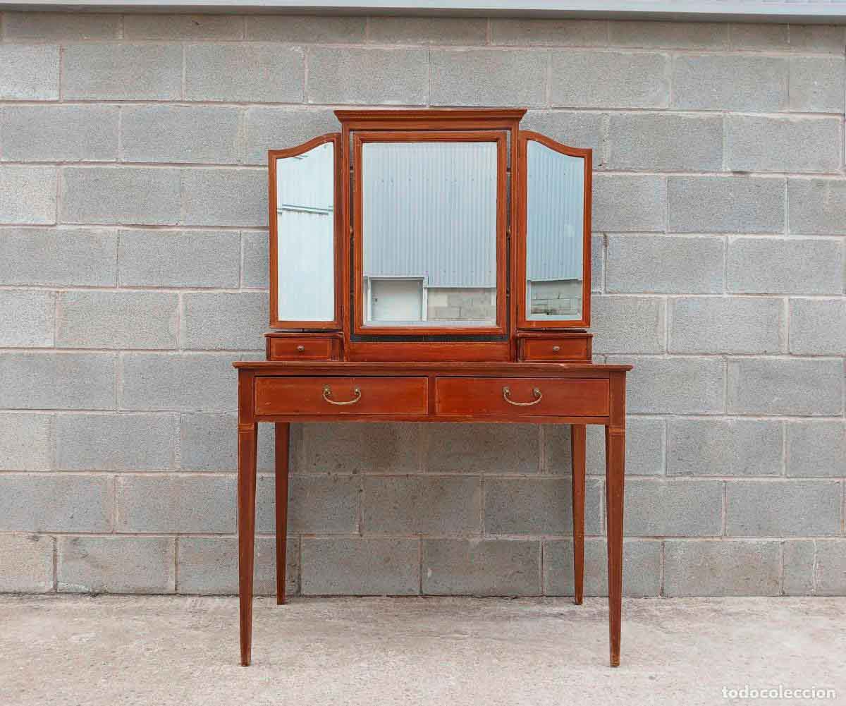 Tocador antiguo estilo inglés Victoriano con Espejo Tríptico. Mueble Tocador Eduardiano. - Imagen 2