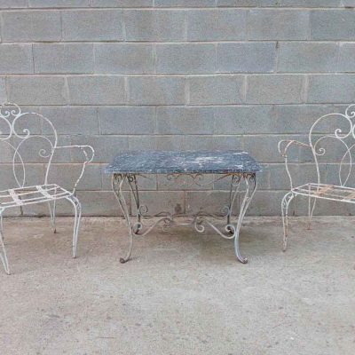 2 Sillas antiguas hierro pavo real + Mesa baja centro. Silla vintage Mid Century terraza jardín.