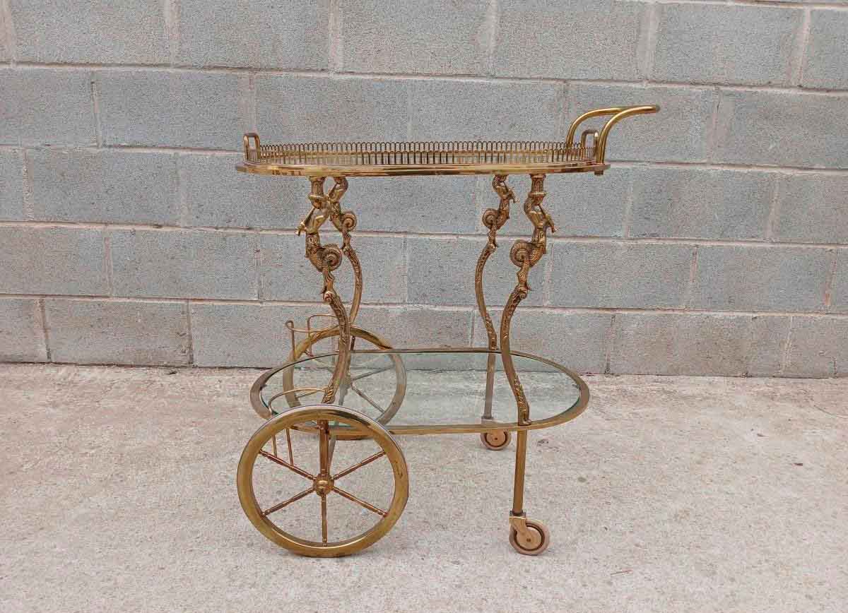 Camarera antigua bronce estilo Luis XV. Carro carrito antiguo vintage. Mueble auxiliar Mid Century. - Imagen 2