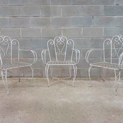 3 Sillas antiguas hierro pavo real Francia 1950. Silla antigua vintage Mid Century terraza jardín.