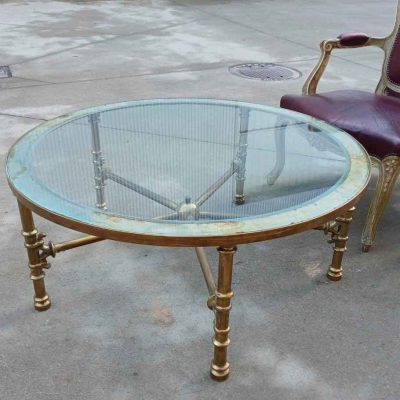 Mesa baja antigua bronce (100 cm). Mueble Mesa centro de salón estilo inglés Luis XVI.