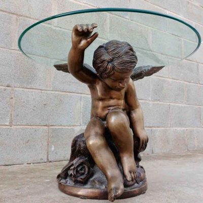 Mesa baja auxiliar antigua figura escultura ángel querubín. Mueble Velador antiguo bronce.