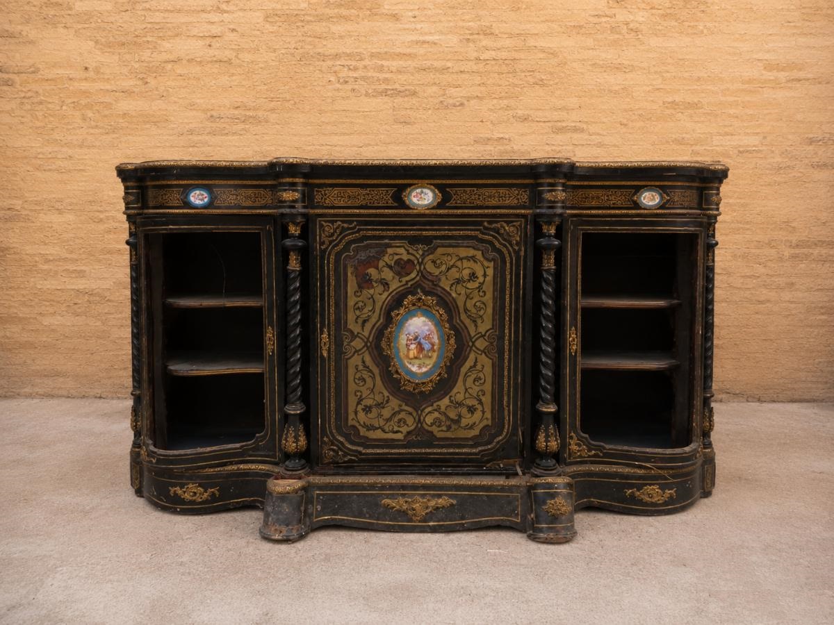 Aparador antiguo estilo Napoleón III (s.XIX). Gran Mueble Buffet Inglés Victoriano boulle ebonizado.