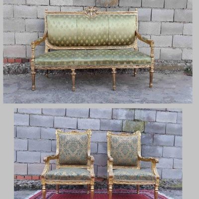 Tresillo antiguo estilo Luis XVI pan de oro. Sofá antiguo + 2 Dos Sillones antiguos Neoclásico Francés.
