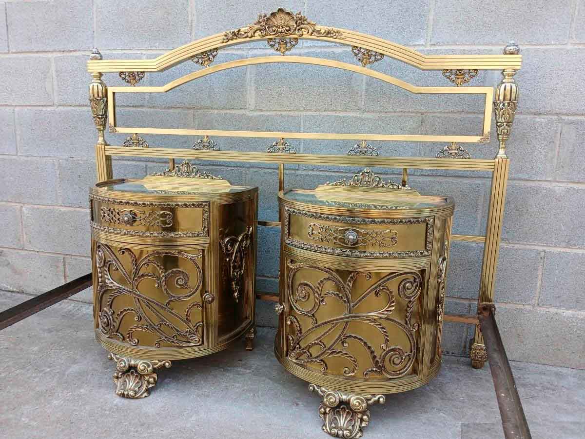 2 Dos Mesitas de noche antiguas bronce estilo Luis XVI. Mesillas Dormitorio antiguas Art Decó Modernista. - Imagen 4