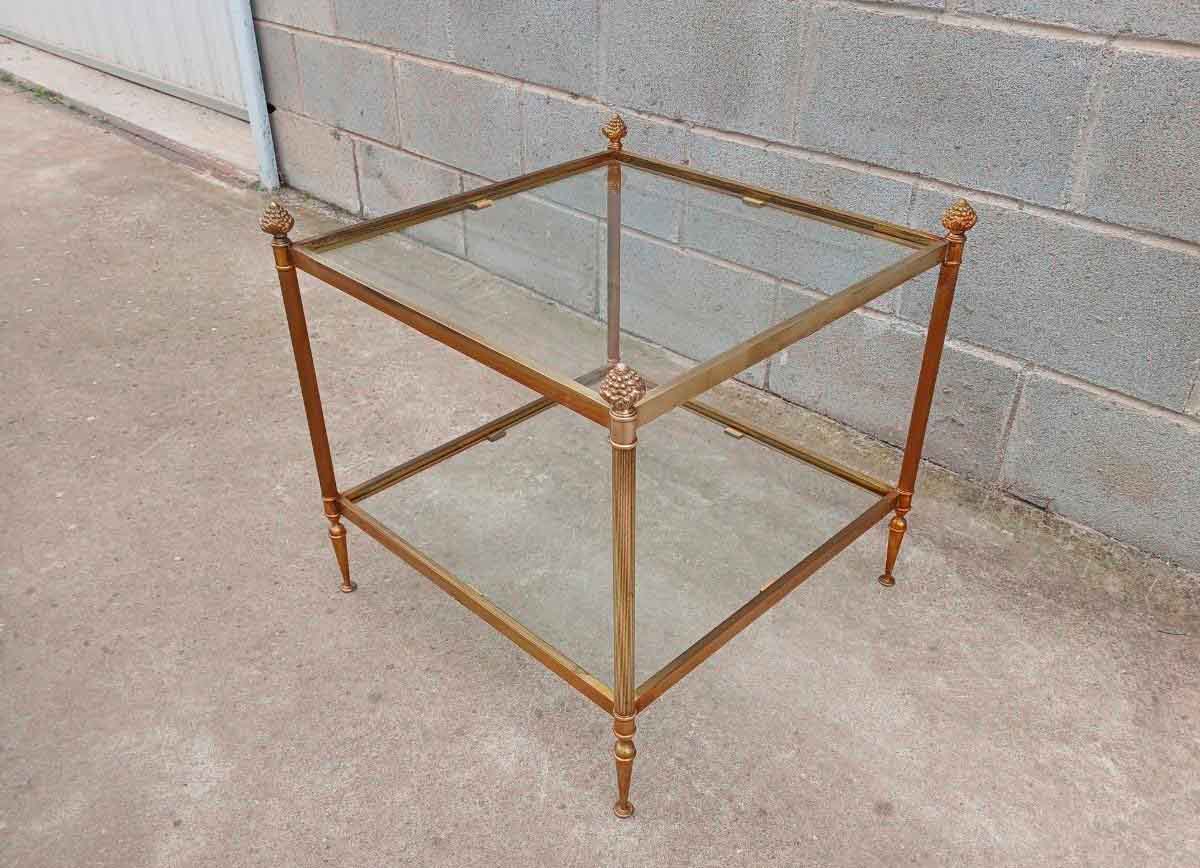 Mesa auxiliar antigua vintage bronce latón. Mueble Mesita auxiliar metal y cristal Mid Century. - Imagen 2