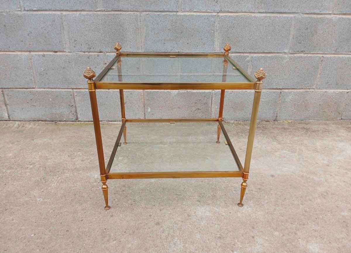 Mesa auxiliar antigua vintage bronce latón. Mueble Mesita auxiliar metal y cristal Mid Century. - Imagen 3