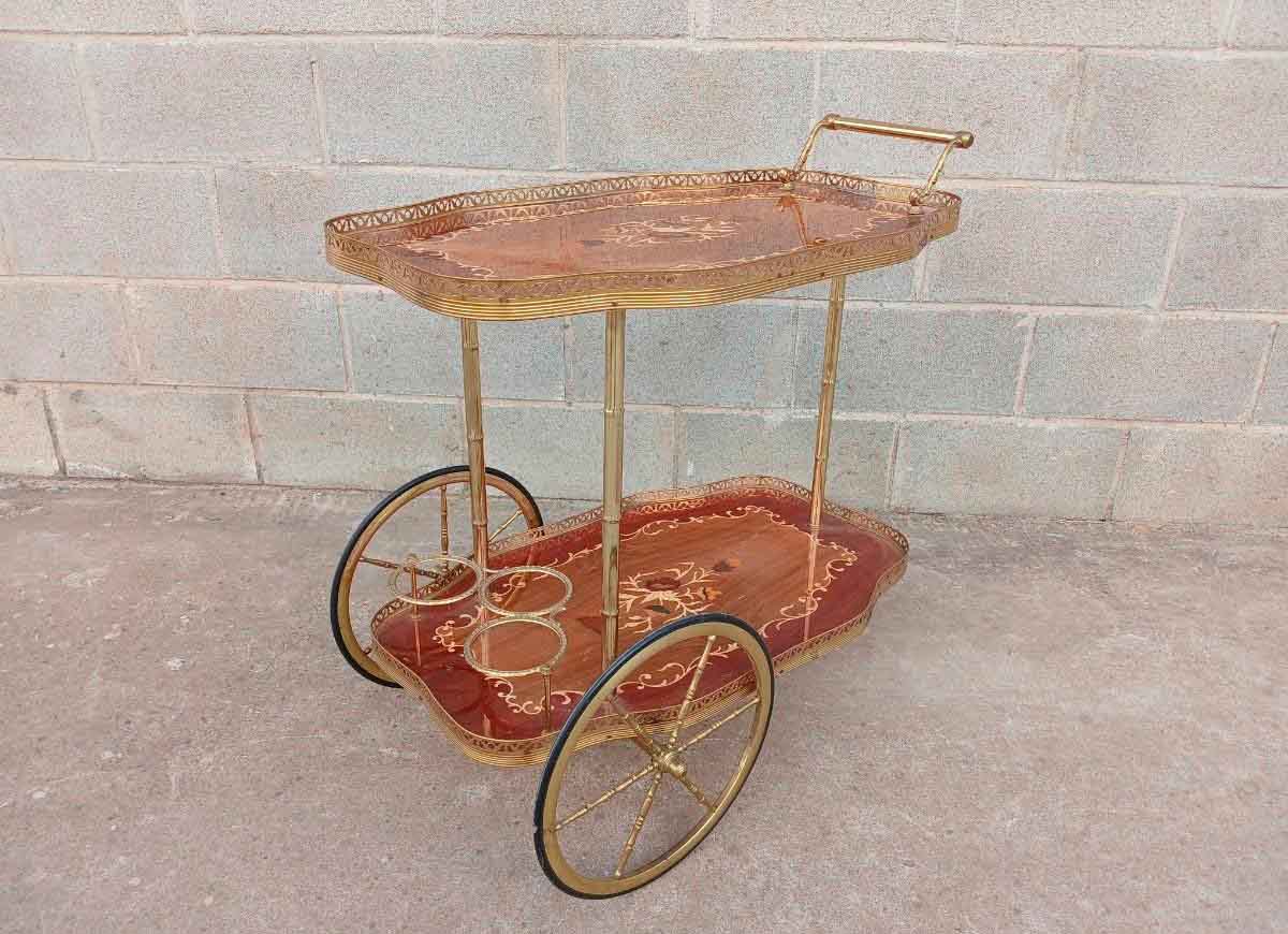 Carro Carrito Servir antiguo estilo Luis XV. Mueble Auxiliar Camarera vintage marquetería Isabelino.