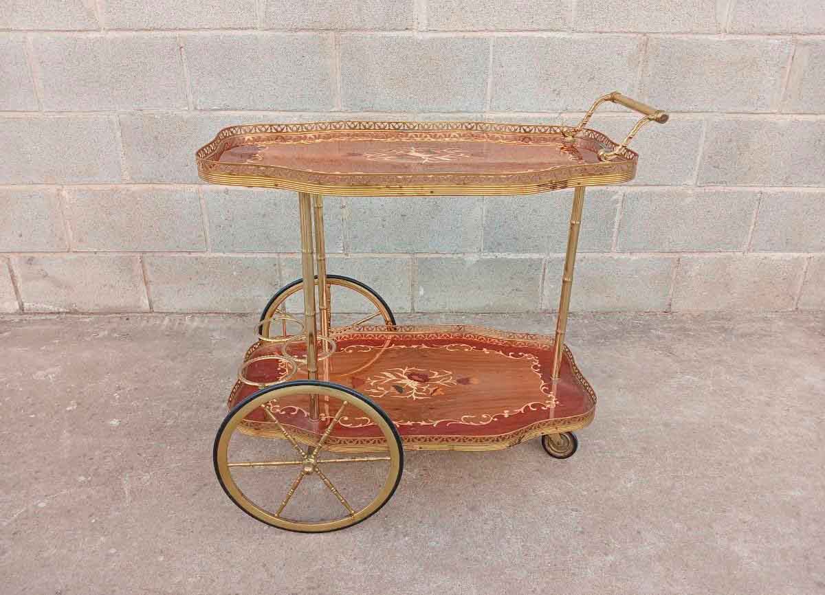 Carro Carrito Servir antiguo estilo Luis XV. Mueble Auxiliar Camarera vintage marquetería Isabelino. - Imagen 2