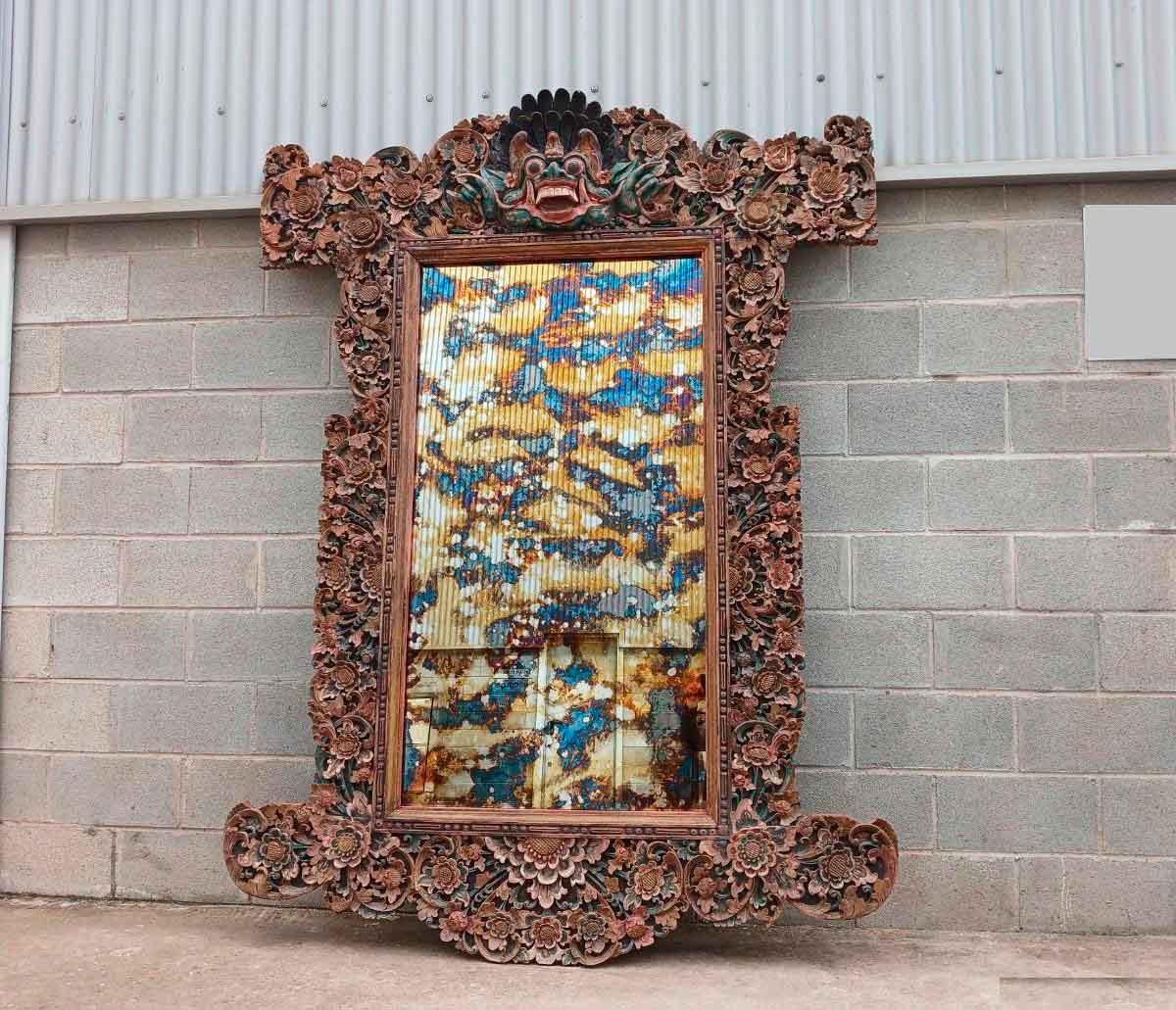 Gran Espejo antiguo estilo Balinés antiguo (218 cm). Marco Espejo Grande antiguo Oriental India Hindú. - Imagen 2