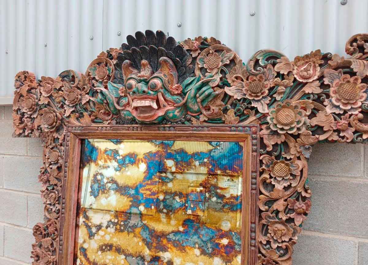 Gran Espejo antiguo estilo Balinés antiguo (218 cm). Marco Espejo Grande antiguo Oriental India Hindú. - Imagen 3
