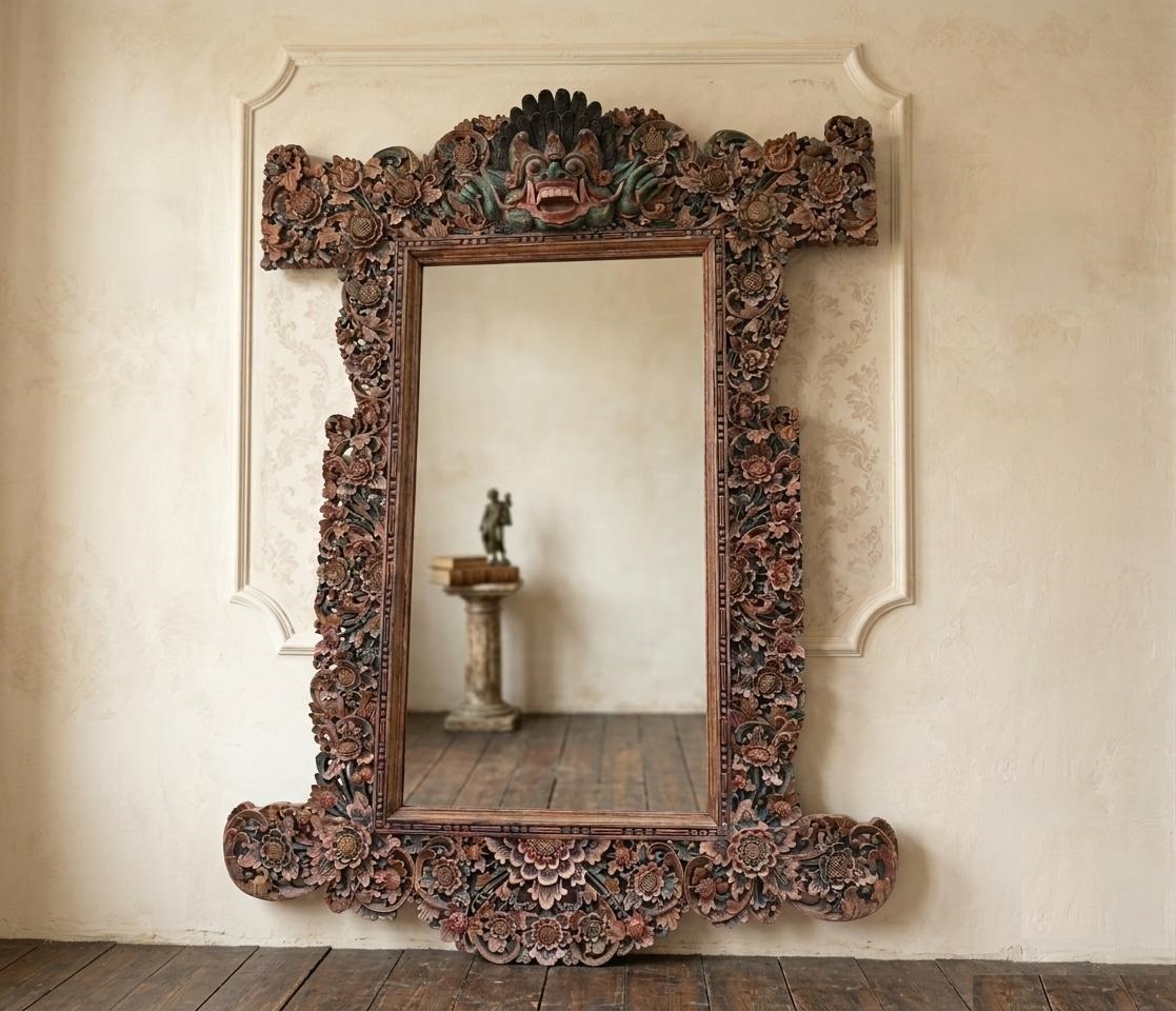 Gran Espejo antiguo estilo Balinés antiguo (218 cm). Marco Espejo Grande antiguo Oriental India Hindú.
