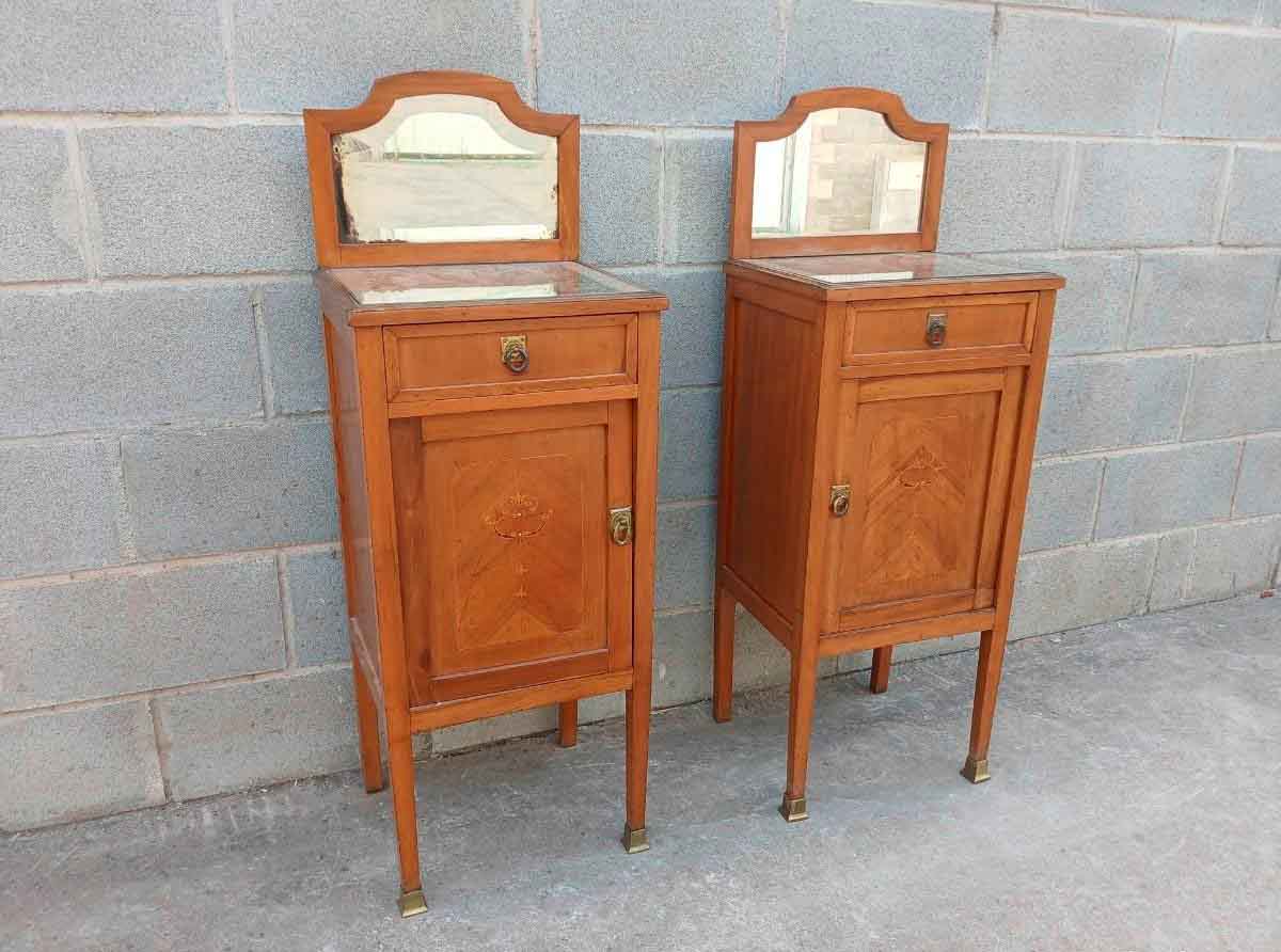 2 Dos Mesitas de noche antiguas estilo inglés Eduardiano. Pareja de Mesillas de dormitorio Modernista. - Imagen 4