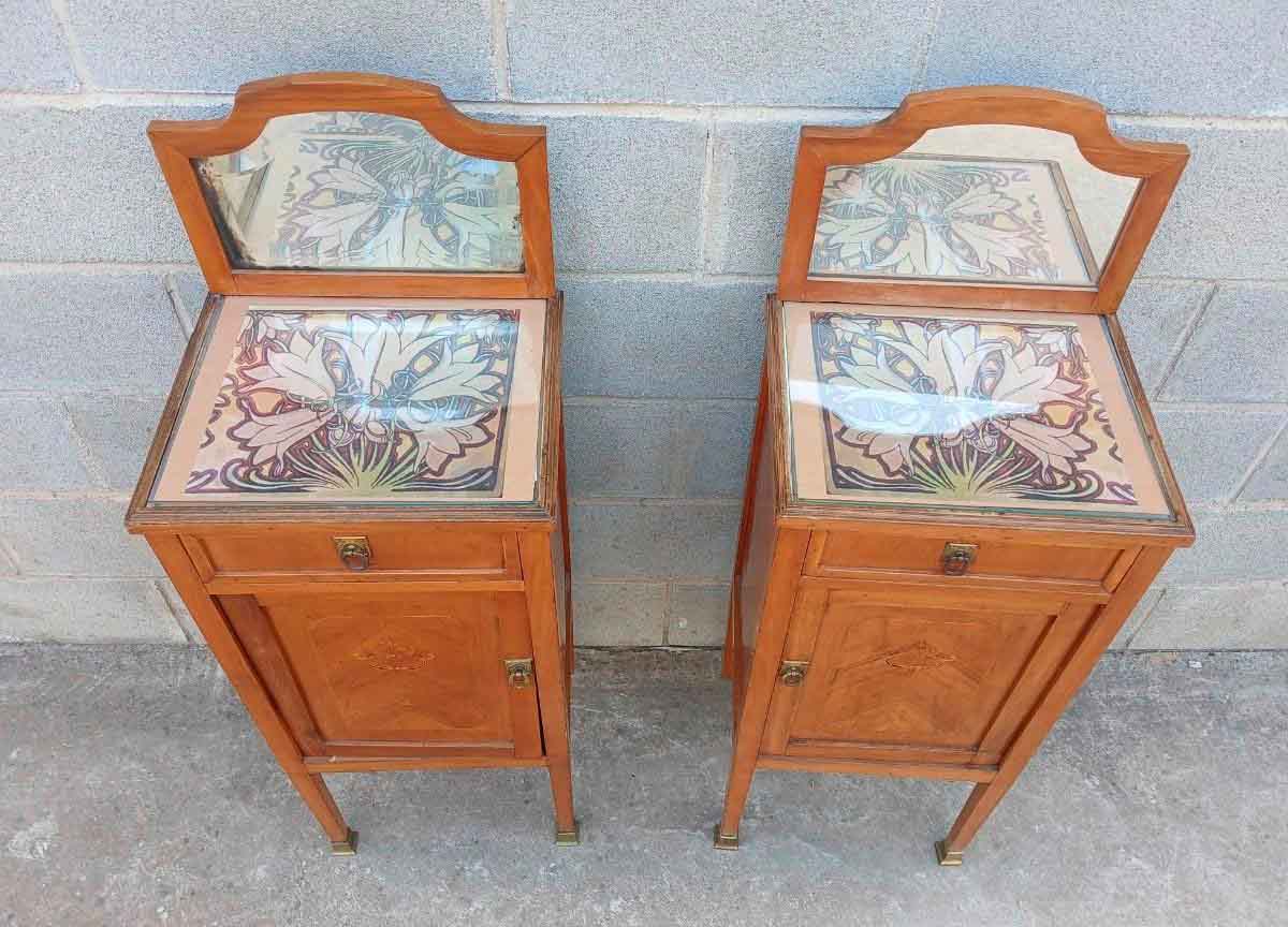 2 Dos Mesitas de noche antiguas estilo inglés Eduardiano. Pareja de Mesillas de dormitorio Modernista. - Imagen 5